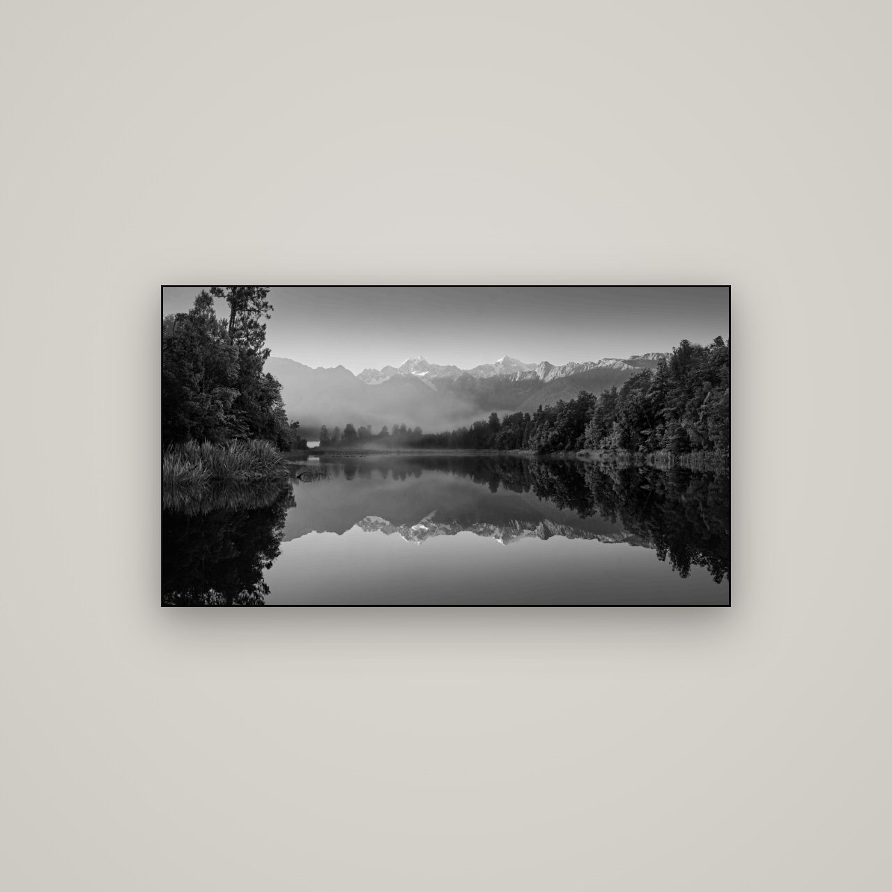 Mountain Majesty, West Coast — Slimline Black, 107×60 cm. New Zealand fine art wall art by Stephen Milner.