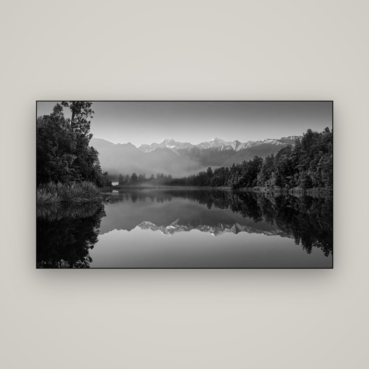 Mountain Majesty, West Coast — Slimline Black, 160×90 cm. New Zealand fine art wall art by Stephen Milner.