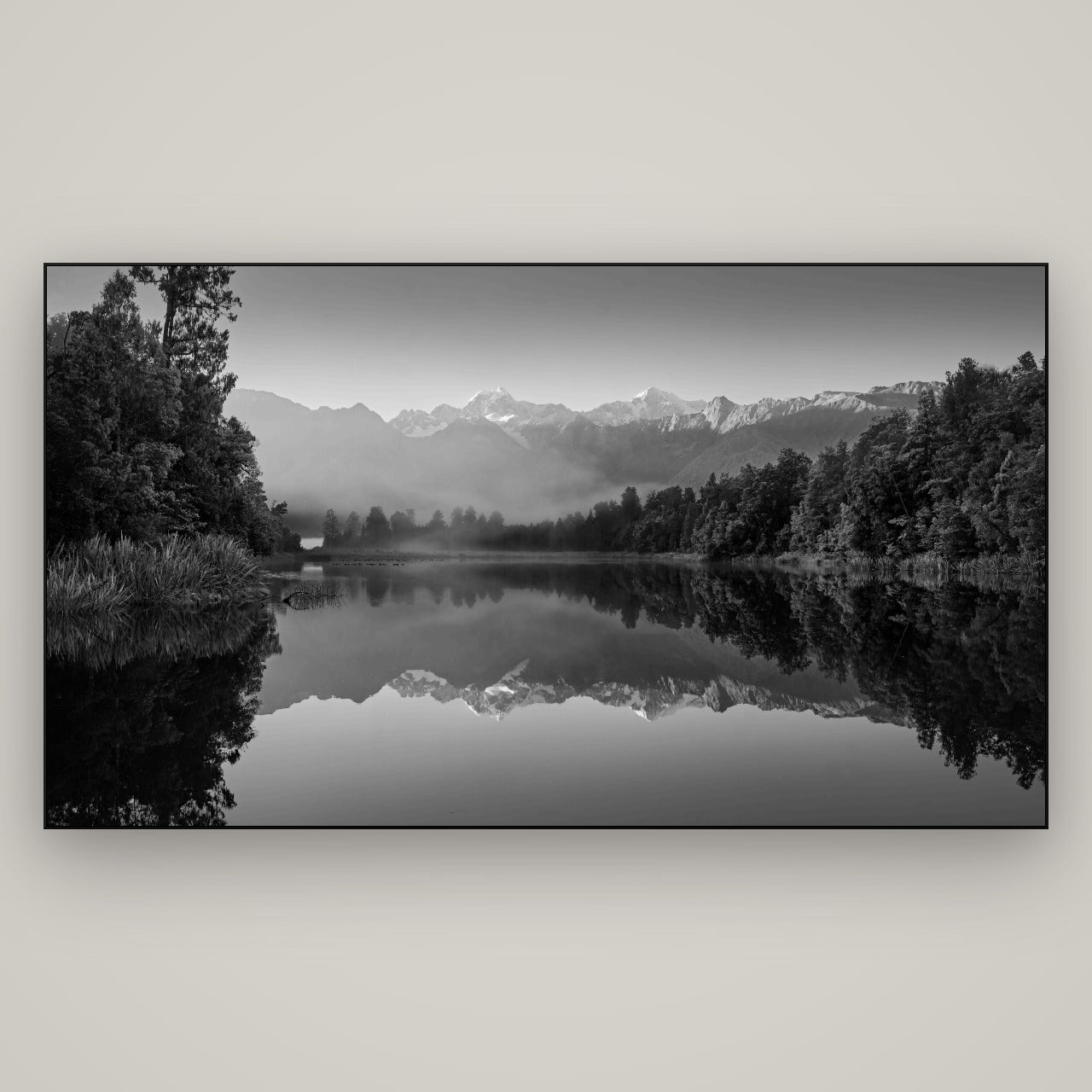 Mountain Majesty, West Coast — Slimline Black, 196×110 cm. New Zealand fine art wall art by Stephen Milner.