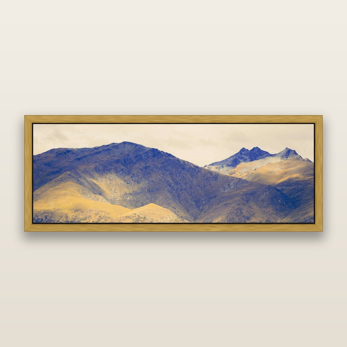Mountain Mosaic, Arrowtown Crown Range — framed metallic canvas print, Antique Gold frame. New Zealand fine art landscape wall art by Stephen Milner.