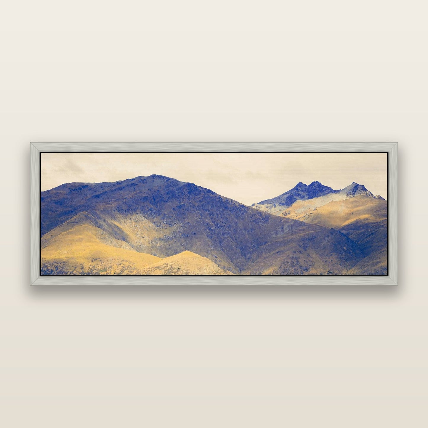 Mountain Mosaic, Arrowtown Crown Range — framed metallic canvas print, Antique Silver frame. New Zealand fine art landscape wall art by Stephen Milner.