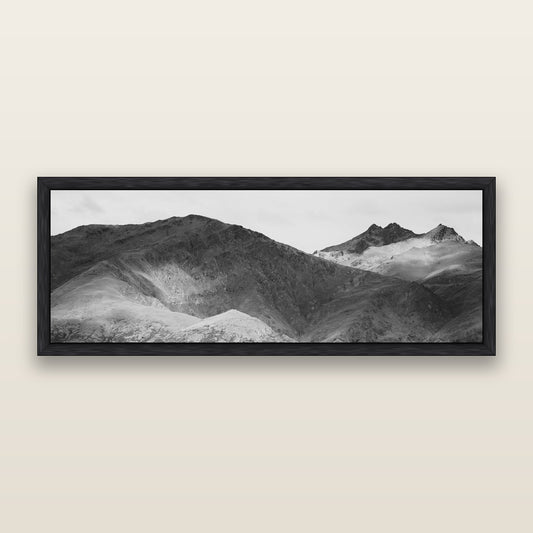 Mountain Mosaic, Arrowtown Crown Range, black and white framed metallic canvas print, Black frame. New Zealand fine art wall art by Stephen Milner.