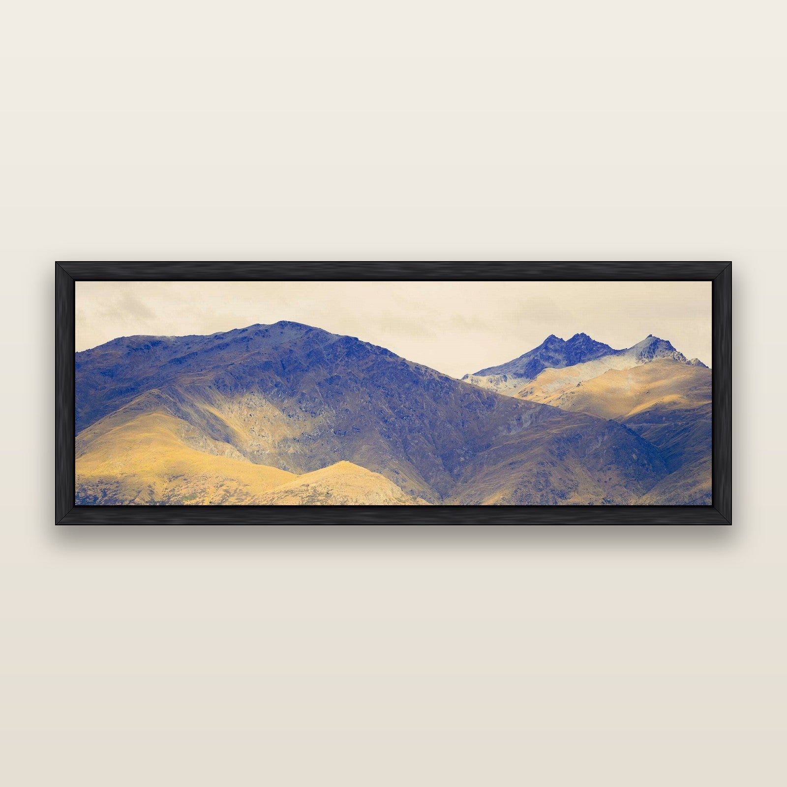 Mountain Mosaic, Arrowtown Crown Range — framed metallic canvas print, Black frame. New Zealand fine art landscape wall art by Stephen Milner.