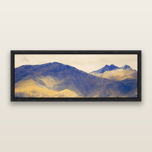 Mountain Mosaic, Arrowtown Crown Range — framed metallic canvas print, Black frame. New Zealand fine art landscape wall art by Stephen Milner.
