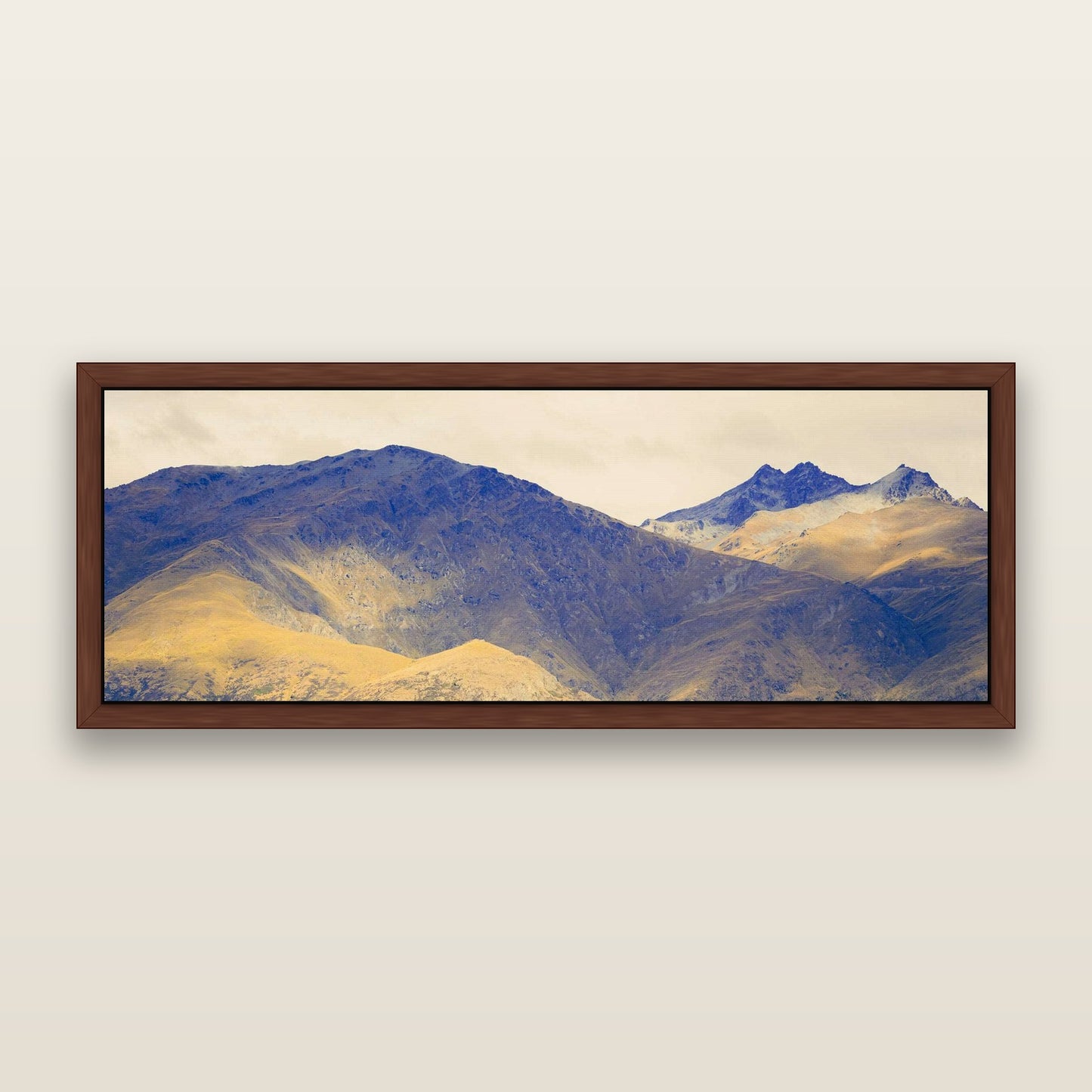 Mountain Mosaic, Arrowtown Crown Range — framed metallic canvas print, Brown frame. New Zealand fine art landscape wall art by Stephen Milner.