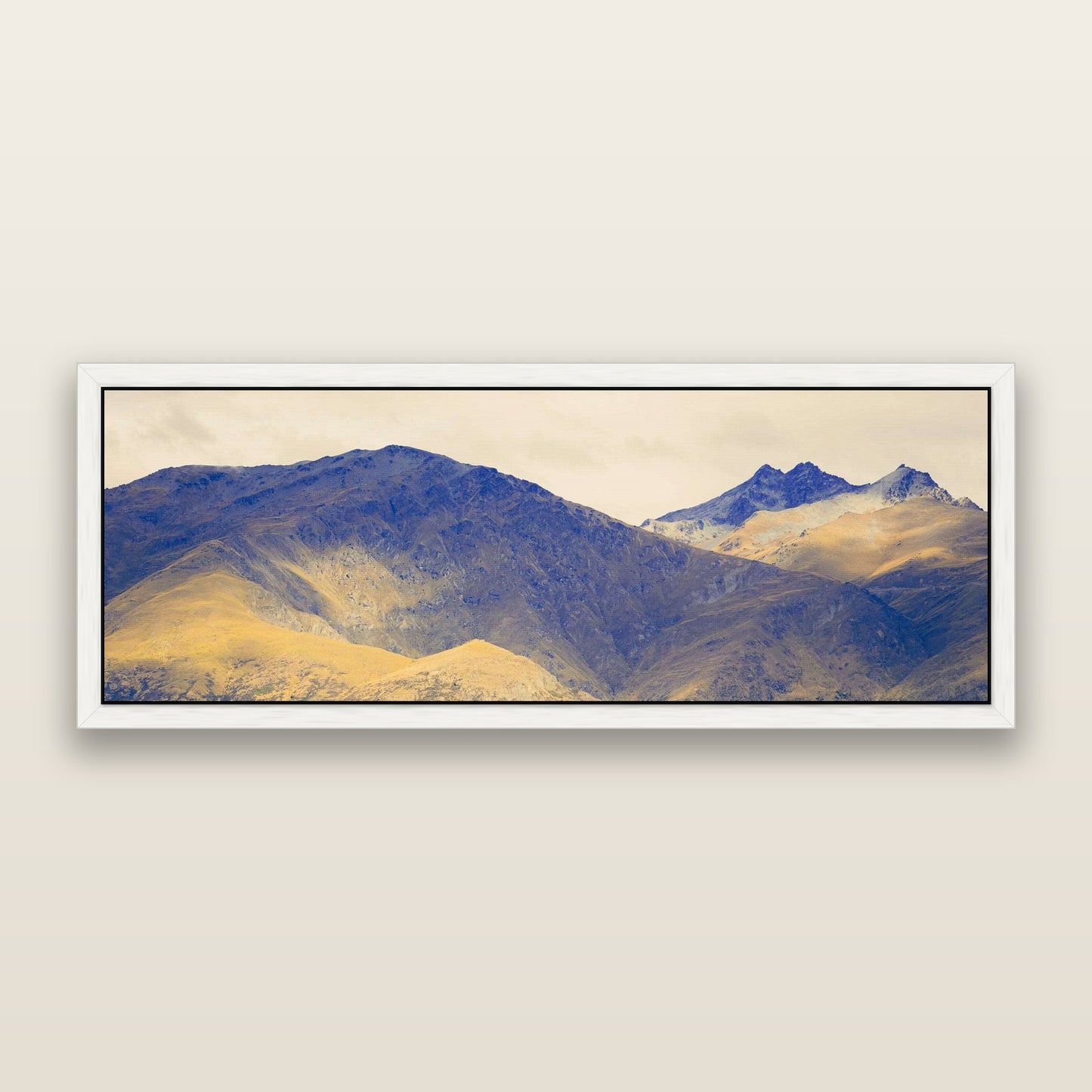 Mountain Mosaic, Arrowtown Crown Range — framed metallic canvas print, White frame. New Zealand fine art landscape wall art by Stephen Milner.