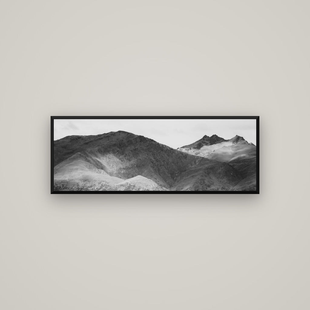 Mountain Mosaic, Arrowtown Crown Range — Basel Black Matte, 113×40 cm. New Zealand fine art wall art by Stephen Milner.