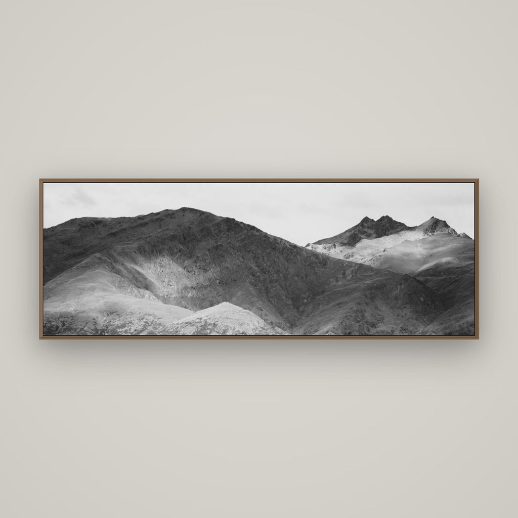 Mountain Mosaic, Arrowtown Crown Range, Basel Walnut, 170×60 cm. New Zealand fine art wall art by Stephen Milner.