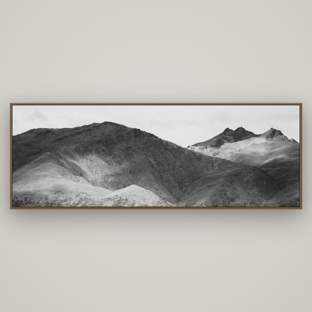 Mountain Mosaic, Arrowtown Crown Range, Basel Walnut, 198×70 cm. New Zealand fine art wall art by Stephen Milner.