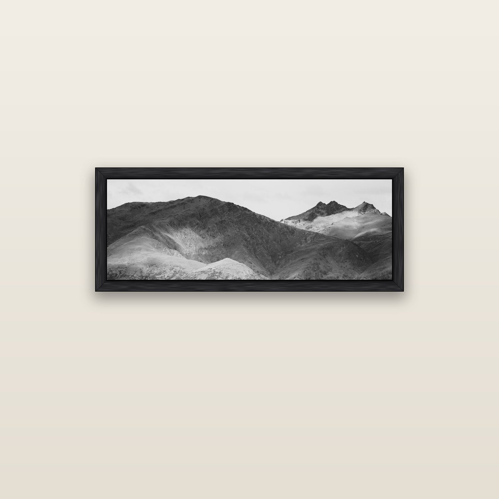 Mountain Mosaic, Arrowtown Crown Range — black float frame canvas, 102 × 36 cm. New Zealand fine art landscape wall art by Stephen Milner.