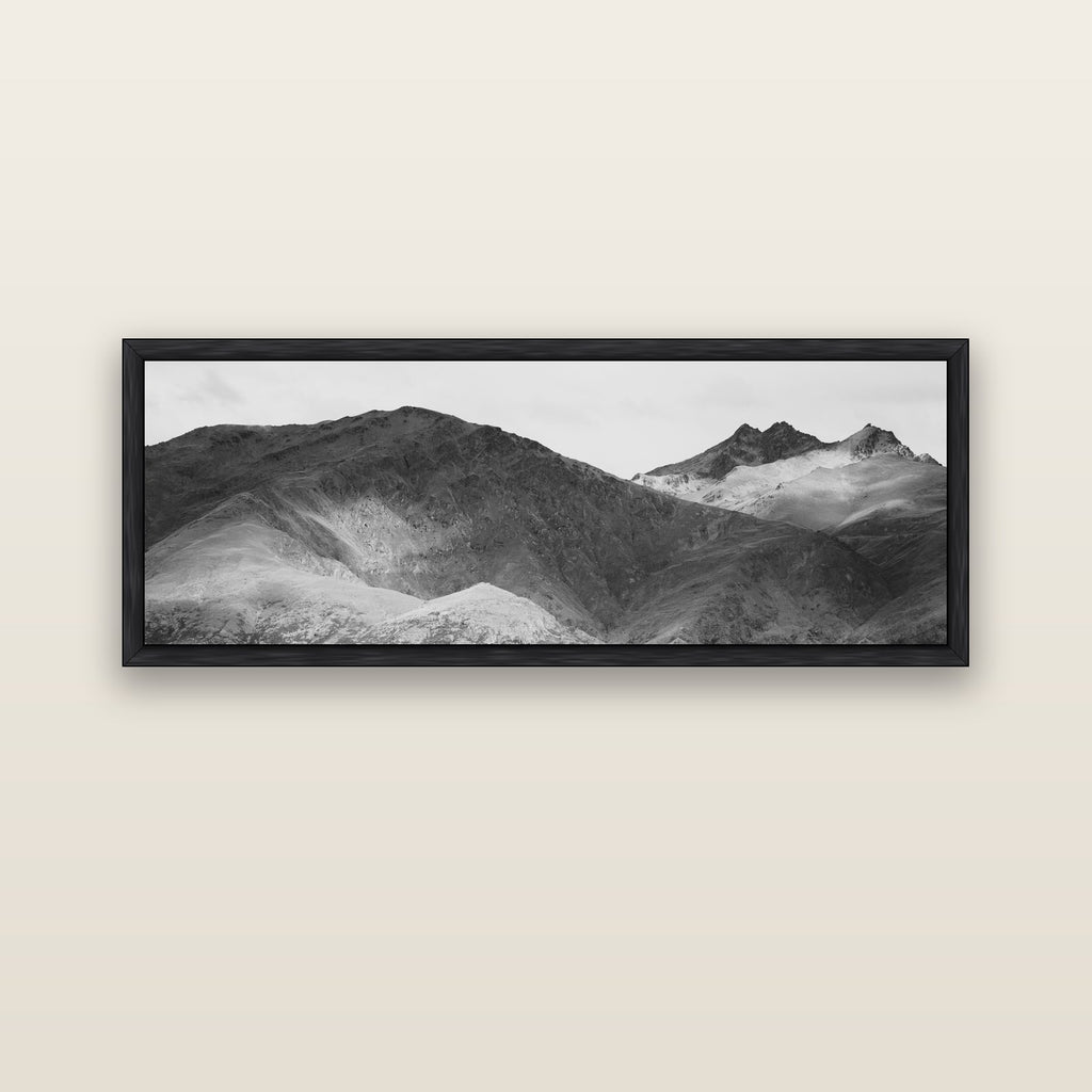 Mountain Mosaic, Arrowtown Crown Range — black float frame canvas, 152 × 56 cm. New Zealand fine art landscape wall art by Stephen Milner.
