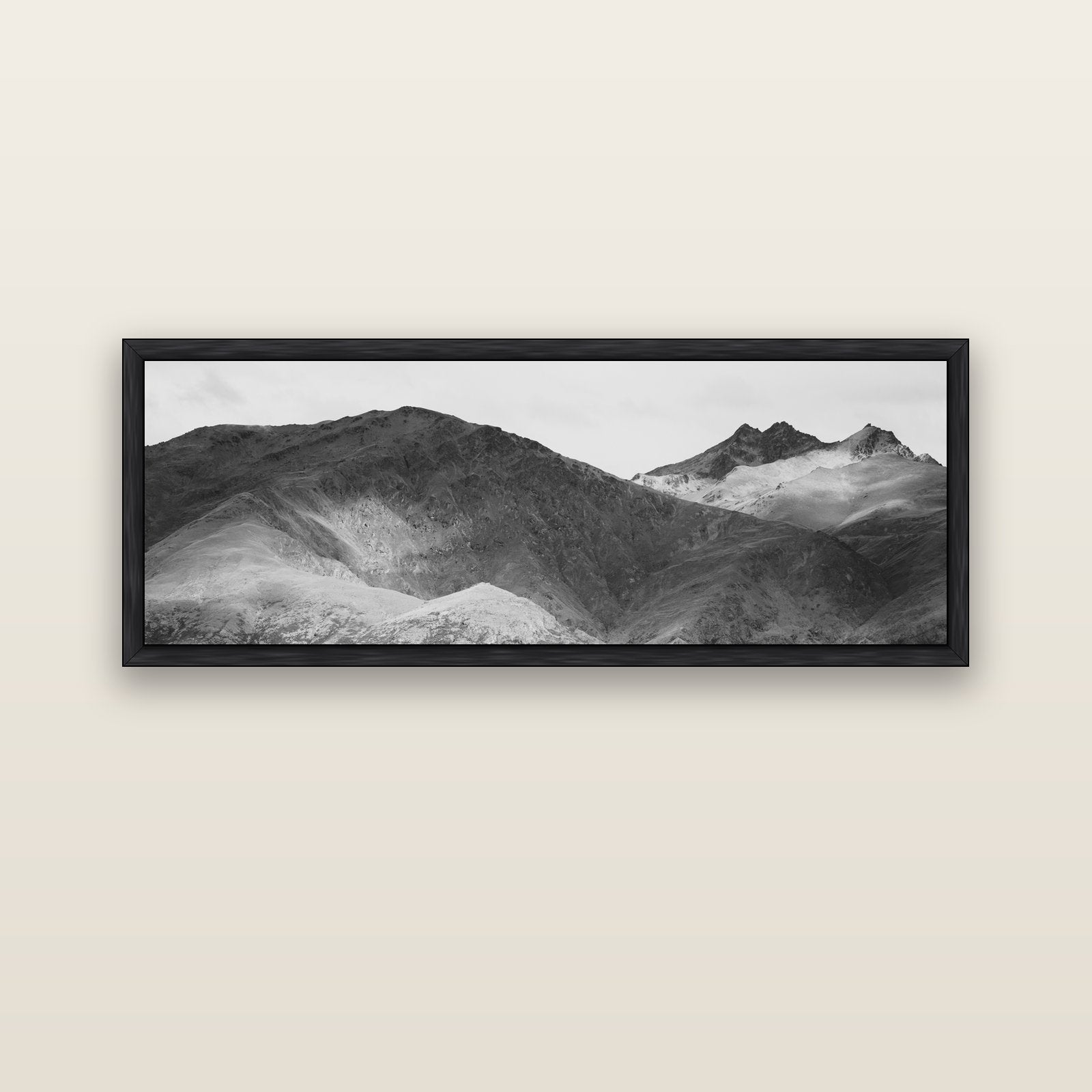 Mountain Mosaic, Arrowtown Crown Range — black float frame canvas, 152 × 56 cm. New Zealand fine art landscape wall art by Stephen Milner.