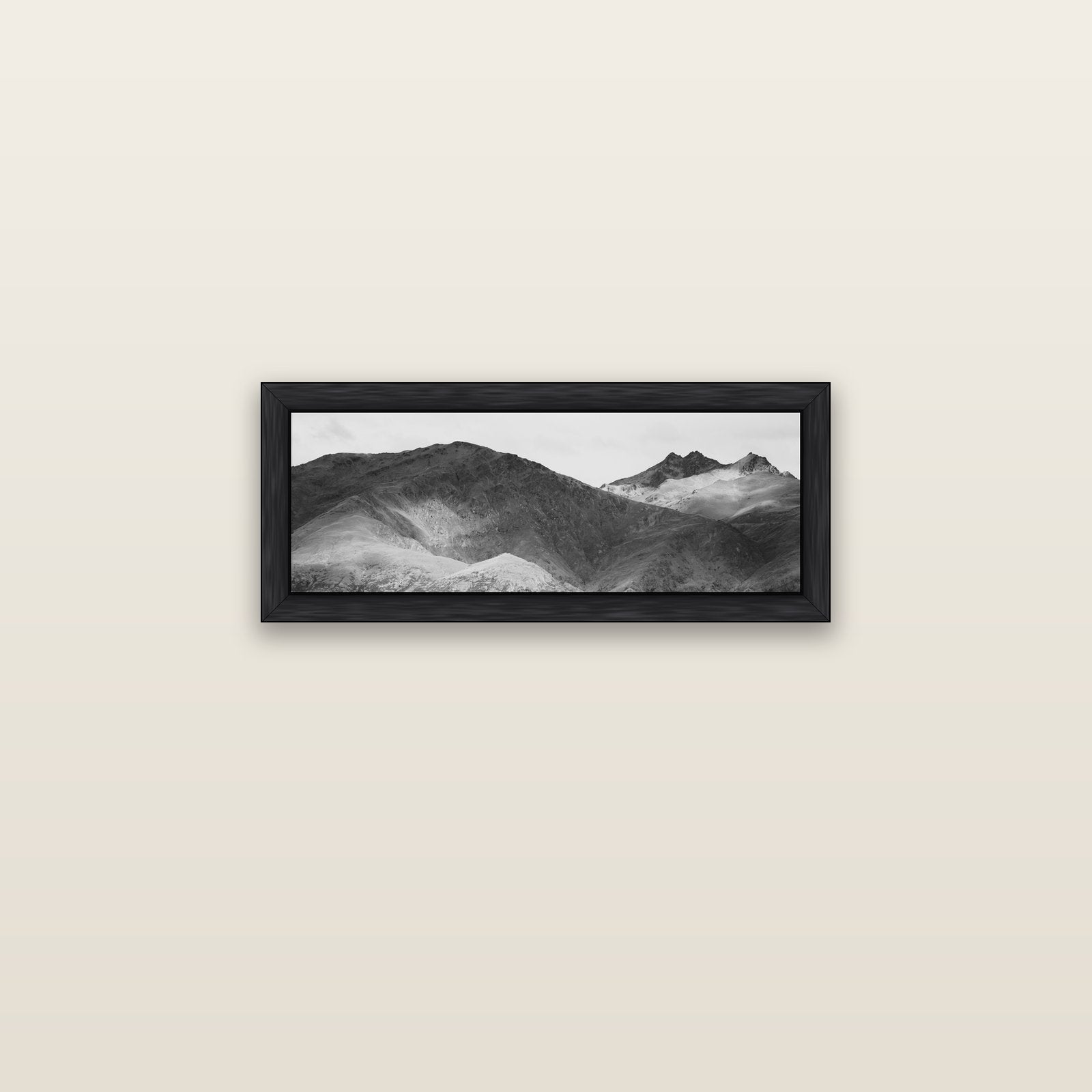 Mountain Mosaic, Arrowtown Crown Range — black float frame canvas, 71 × 25 cm. New Zealand fine art landscape wall art by Stephen Milner.