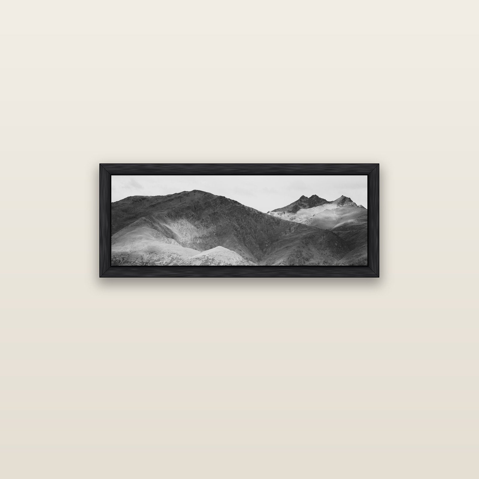 Mountain Mosaic, Arrowtown Crown Range — black float frame canvas, 91 × 31 cm. New Zealand fine art landscape wall art by Stephen Milner.
