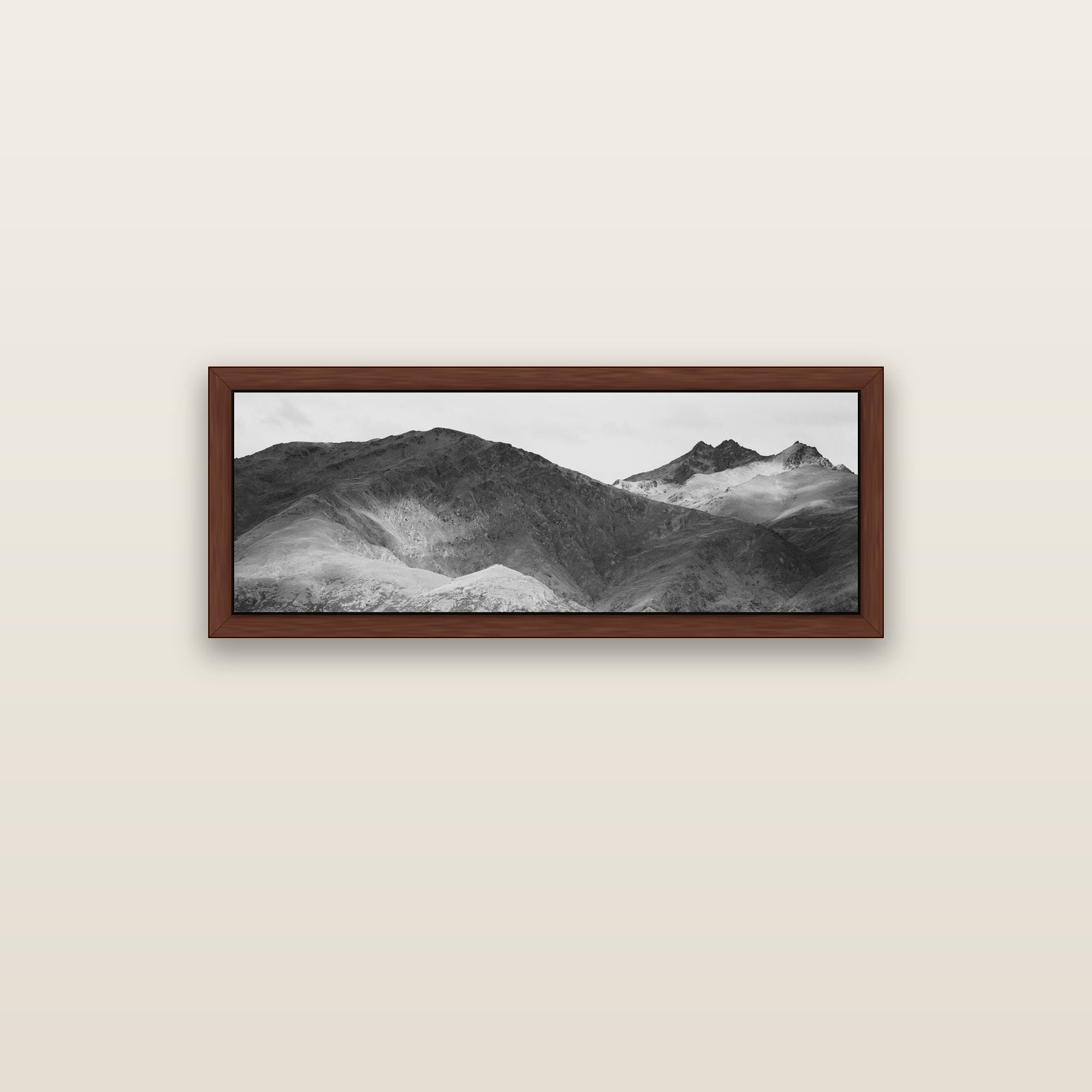 Mountain Mosaic, Arrowtown Crown Range — brown float frame canvas, 102 × 36 cm. New Zealand fine art landscape wall art by Stephen Milner.