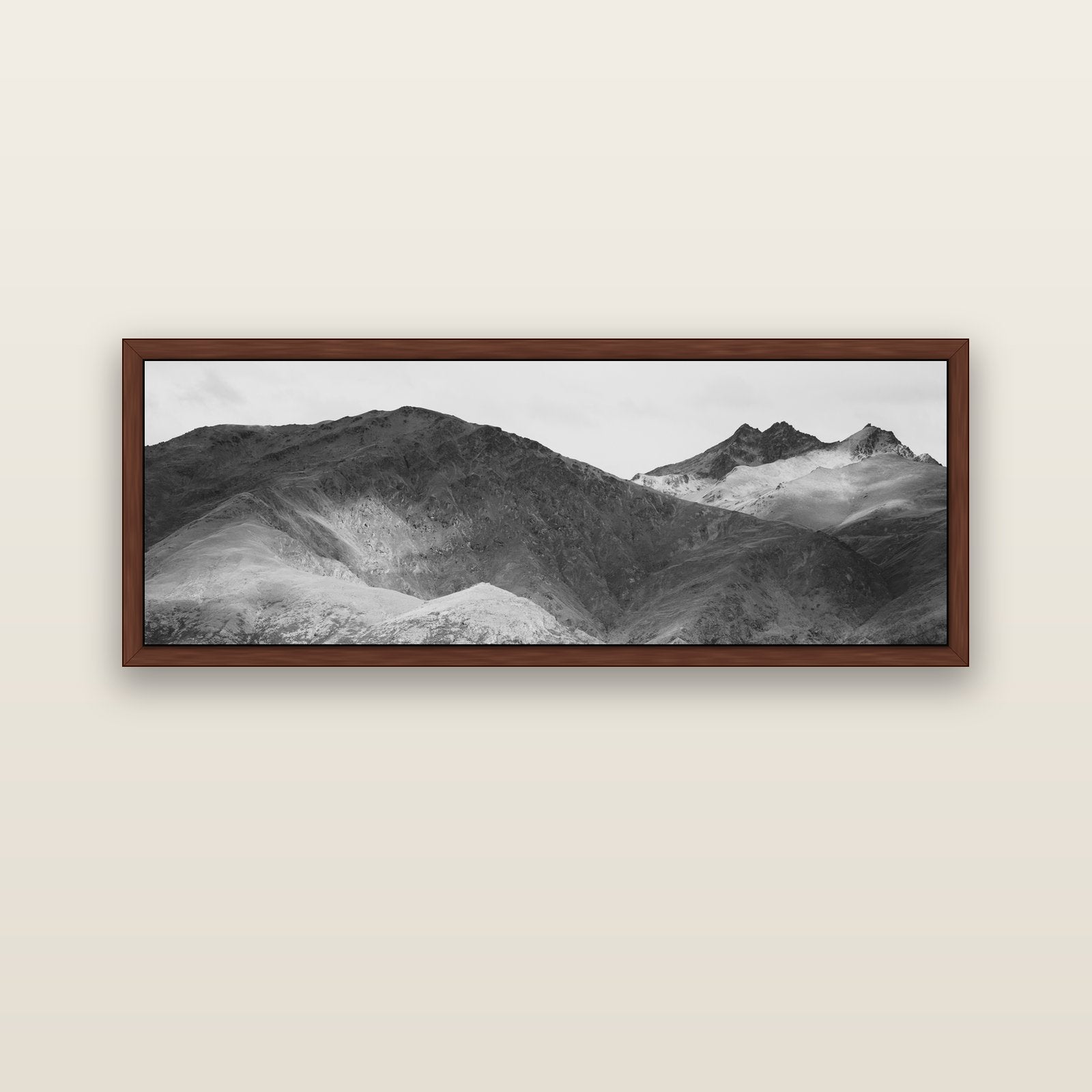Mountain Mosaic, Arrowtown Crown Range — brown float frame canvas, 152 × 56 cm. New Zealand fine art landscape wall art by Stephen Milner.