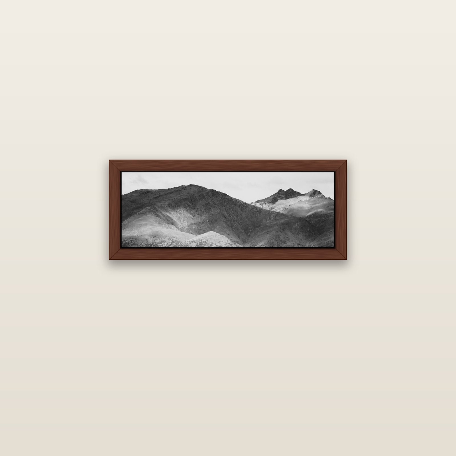 Mountain Mosaic, Arrowtown Crown Range — brown float frame canvas, 71 × 25 cm. New Zealand fine art landscape wall art by Stephen Milner.