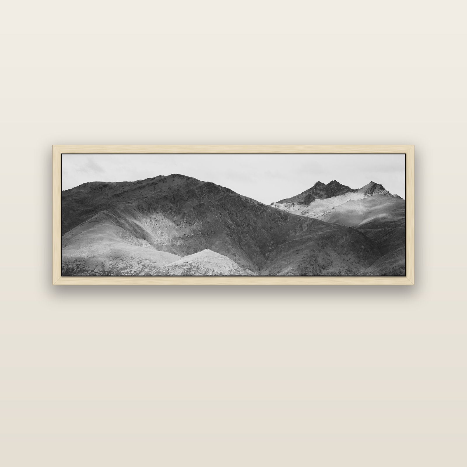 Mountain Mosaic, Arrowtown Crown Range — natural float frame canvas, 152 × 56 cm. New Zealand fine art landscape wall art by Stephen Milner.