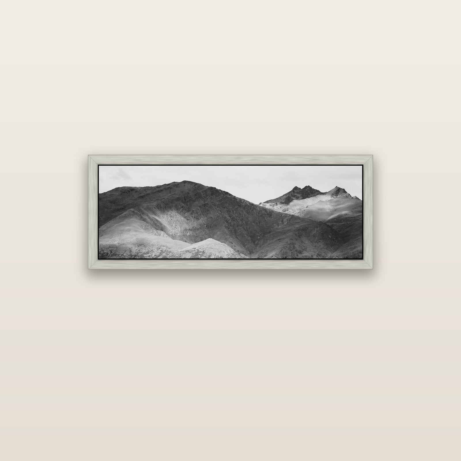 Mountain Mosaic, Arrowtown Crown Range — silver float frame canvas, 102 × 36 cm. New Zealand fine art landscape wall art by Stephen Milner.