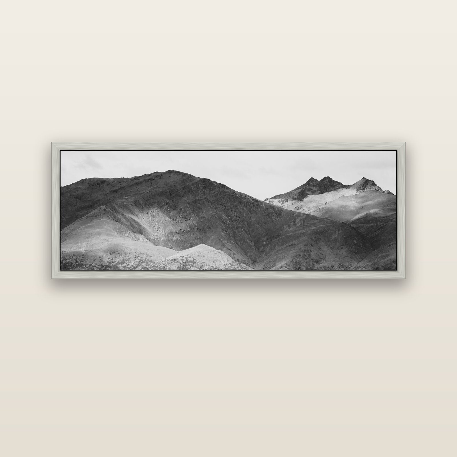 Mountain Mosaic, Arrowtown Crown Range — silver float frame canvas, 152 × 56 cm. New Zealand fine art landscape wall art by Stephen Milner.