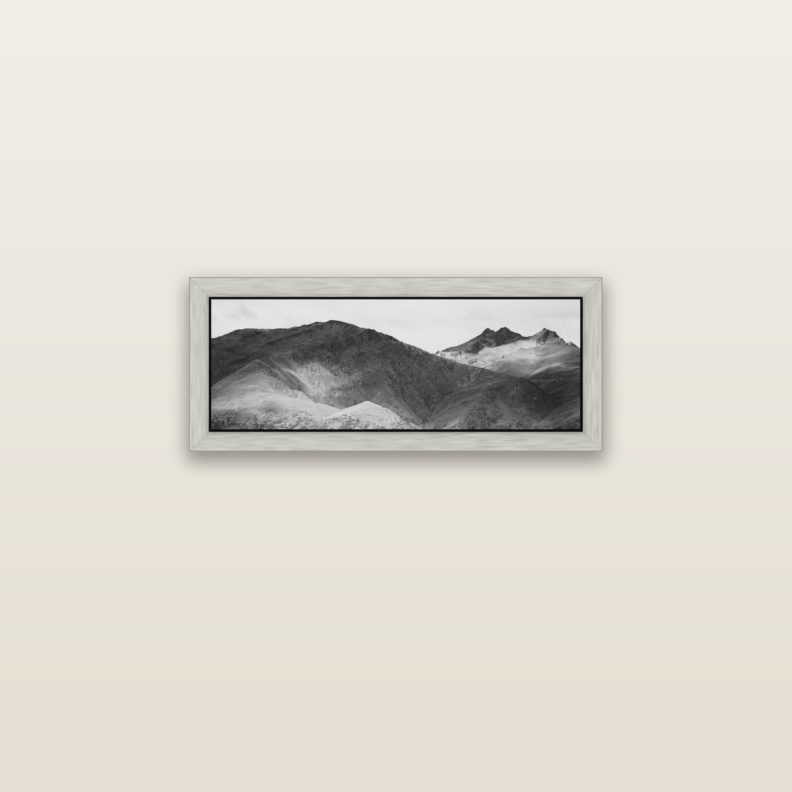 Mountain Mosaic, Arrowtown Crown Range — silver float frame canvas, 71 × 25 cm. New Zealand fine art landscape wall art by Stephen Milner.