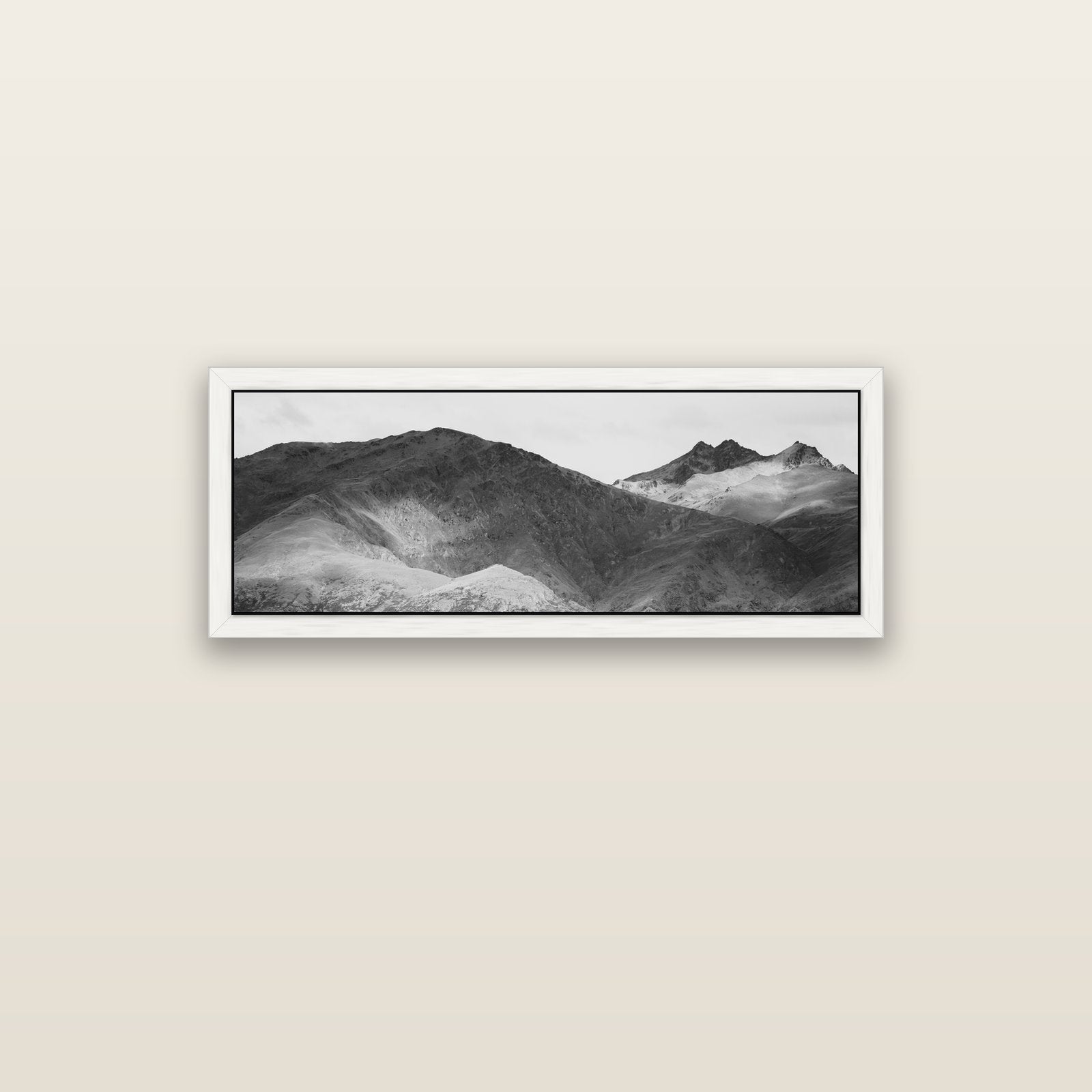 Mountain Mosaic, Arrowtown Crown Range — white float frame canvas, 102 × 36 cm. New Zealand fine art landscape wall art by Stephen Milner.