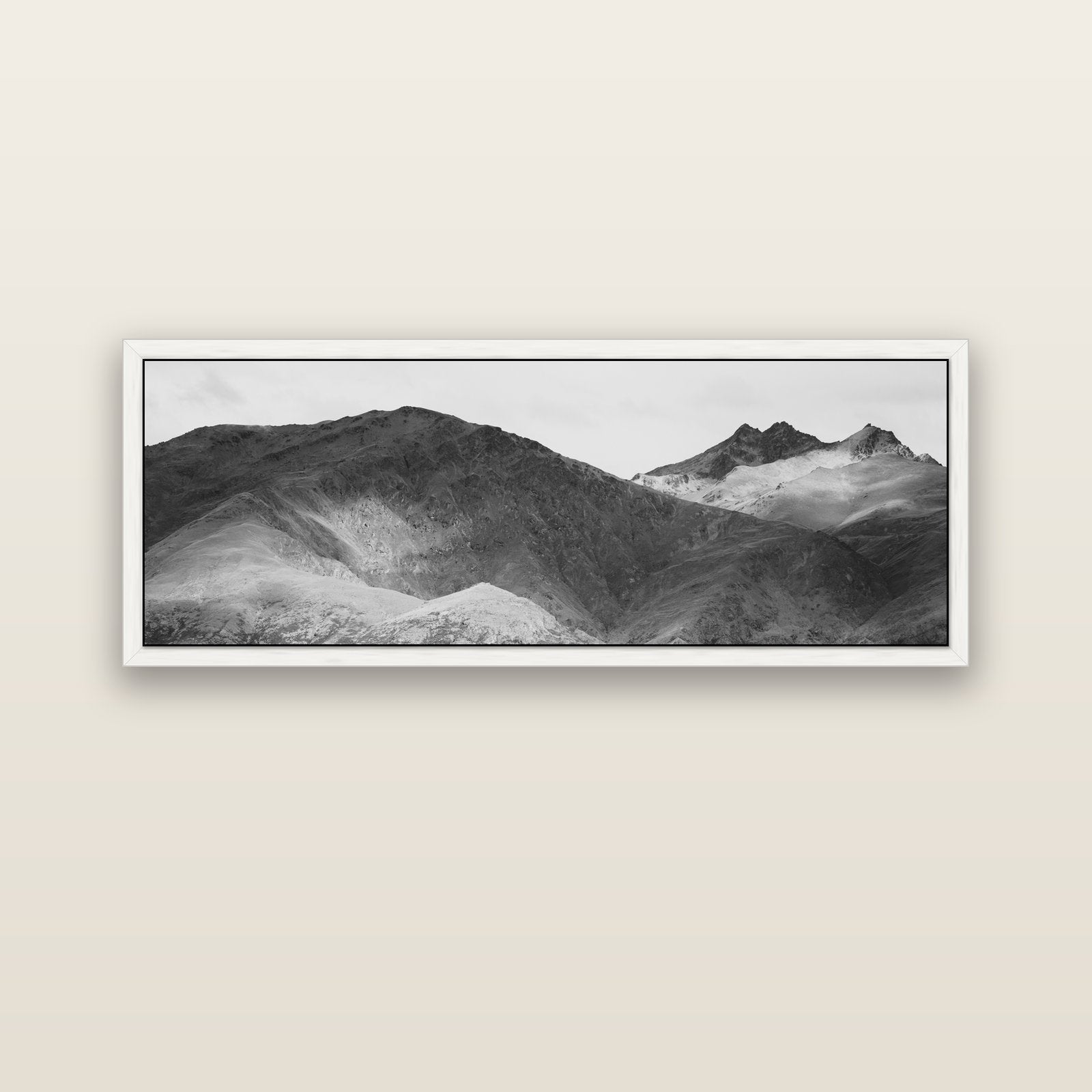 Mountain Mosaic, Arrowtown Crown Range — white float frame canvas, 152 × 56 cm. New Zealand fine art landscape wall art by Stephen Milner.