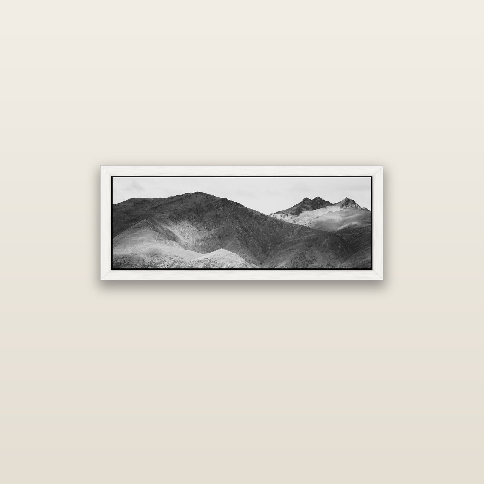Mountain Mosaic, Arrowtown Crown Range — white float frame canvas, 91 × 31 cm. New Zealand fine art landscape wall art by Stephen Milner.