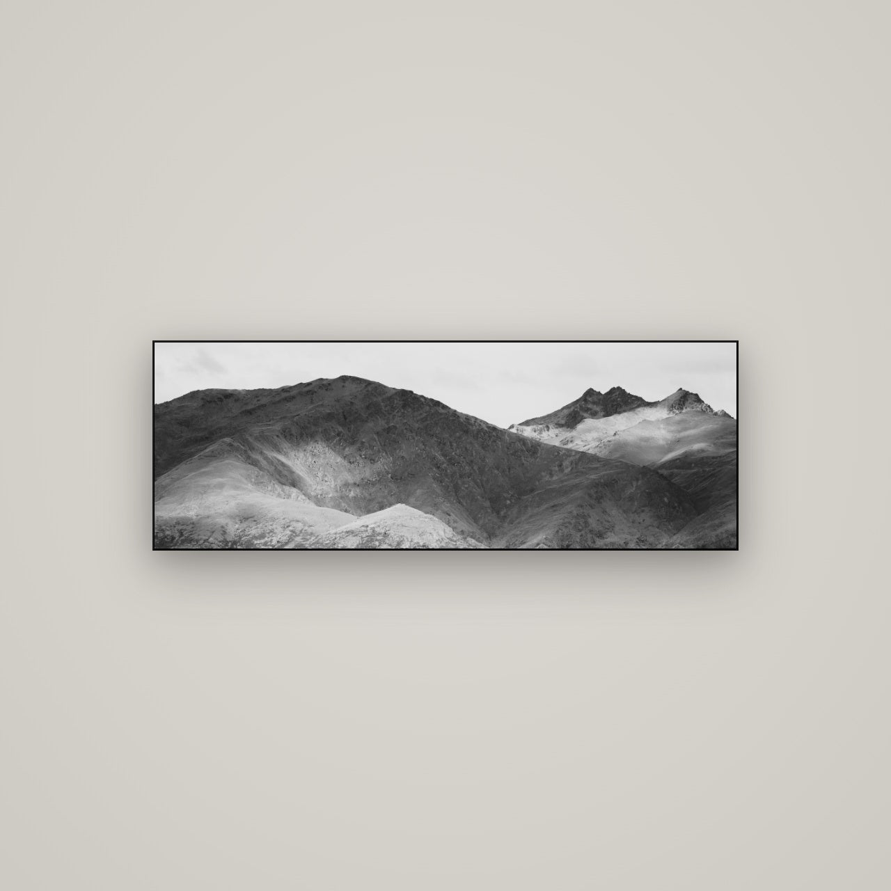 Mountain Mosaic, Arrowtown Crown Range — Slimline Black, 113×40 cm. New Zealand fine art wall art by Stephen Milner.