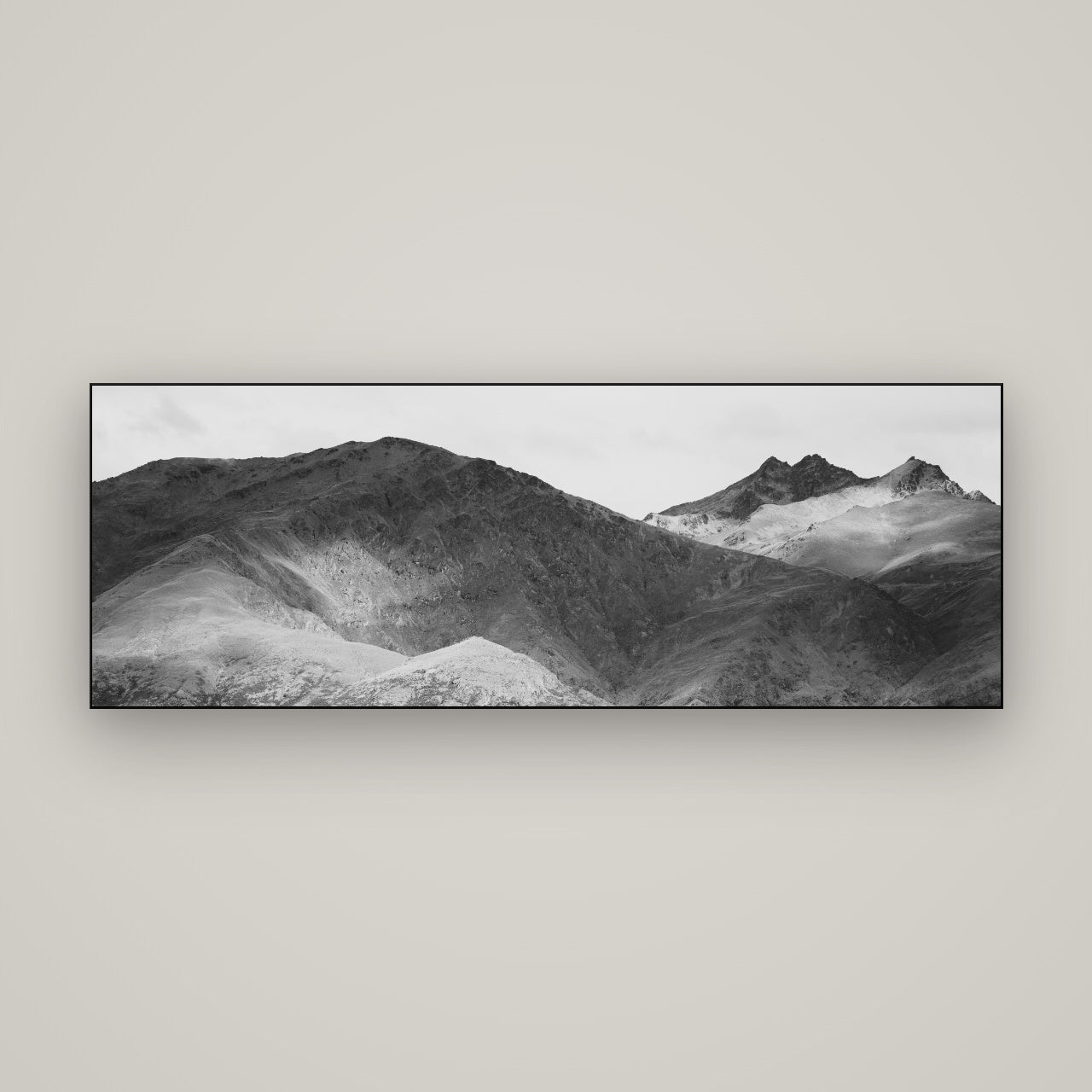 Mountain Mosaic, Arrowtown Crown Range — Slimline Black, 170×60 cm. New Zealand fine art wall art by Stephen Milner.