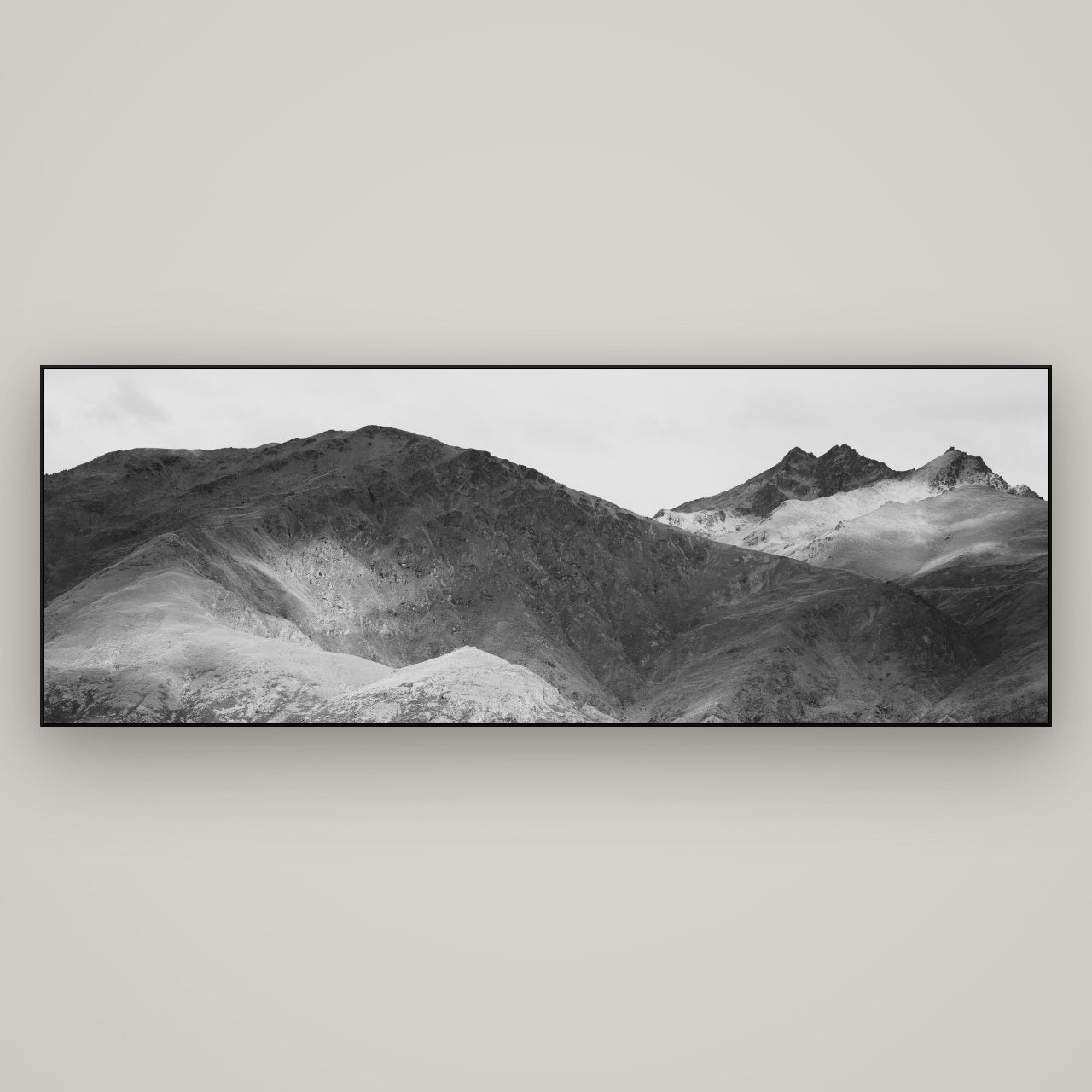 Mountain Mosaic, Arrowtown Crown Range — Slimline Black, 198×70 cm. New Zealand fine art wall art by Stephen Milner.