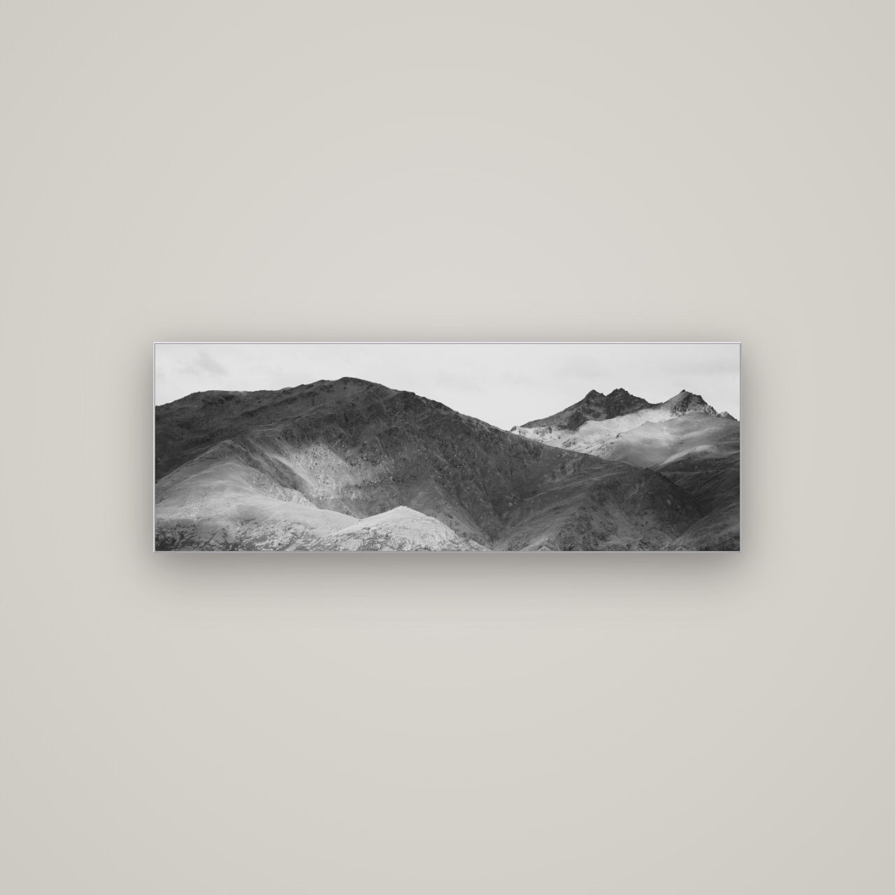 Mountain Mosaic, Arrowtown Crown Range — Slimline Silver, 113×40 cm. New Zealand fine art wall art by Stephen Milner.