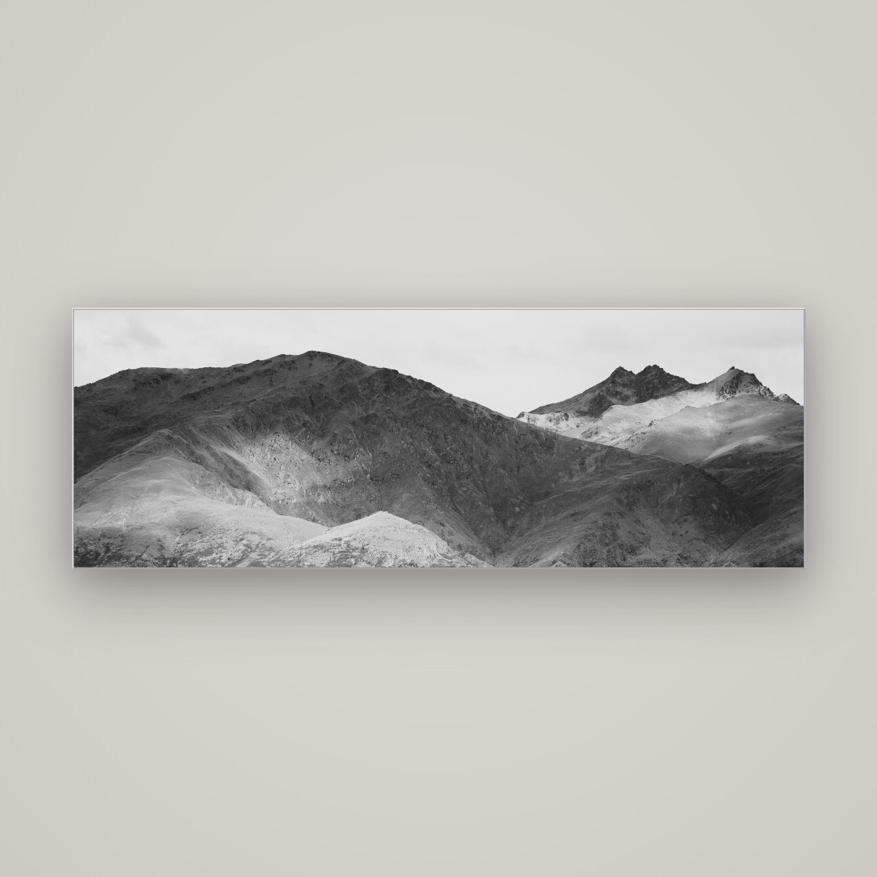 Mountain Mosaic, Arrowtown Crown Range — Slimline Silver, 170×60 cm. New Zealand fine art wall art by Stephen Milner.