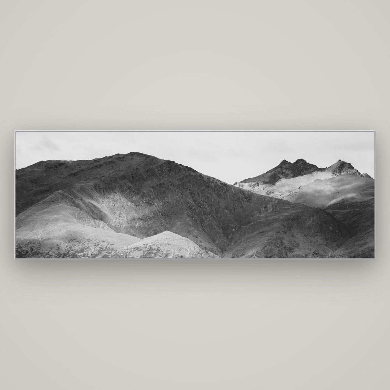 Mountain Mosaic, Arrowtown Crown Range — Slimline Silver, 198×70 cm. New Zealand fine art wall art by Stephen Milner.