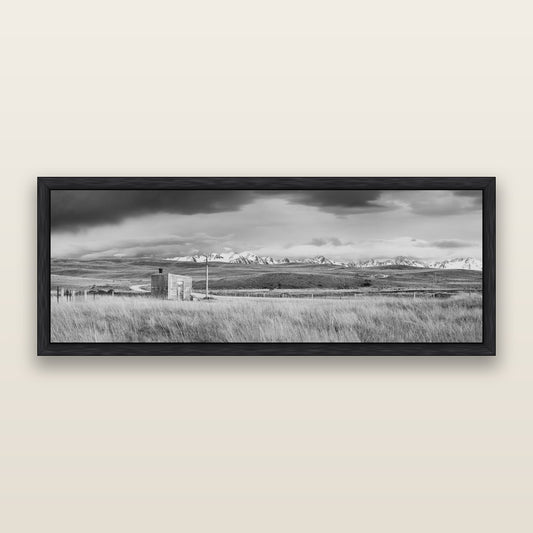 Mountain Retreat, Lake Tekapo, black and white framed metallic canvas print, Black frame. New Zealand fine art wall art by Stephen Milner.