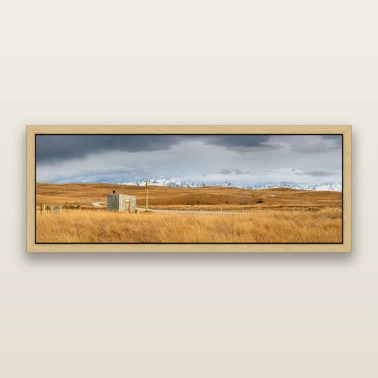 Mountain Retreat, Lake Tekapo — framed metallic canvas print, Natural frame. New Zealand fine art landscape wall art by Stephen Milner.