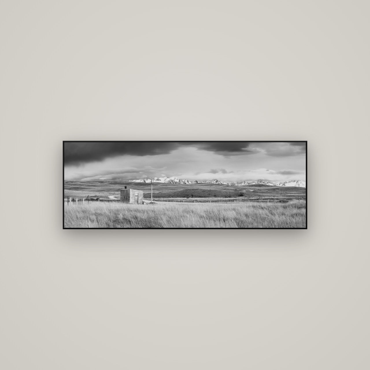 Mountain Retreat, Lake Tekapo — ArtBox Black, 113×40 cm. New Zealand fine art wall art by Stephen Milner.