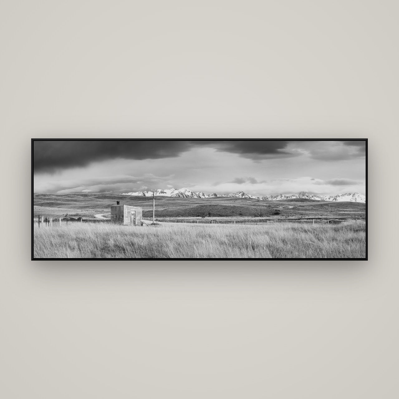 Mountain Retreat, Lake Tekapo — ArtBox Black, 170×60 cm. New Zealand fine art wall art by Stephen Milner.