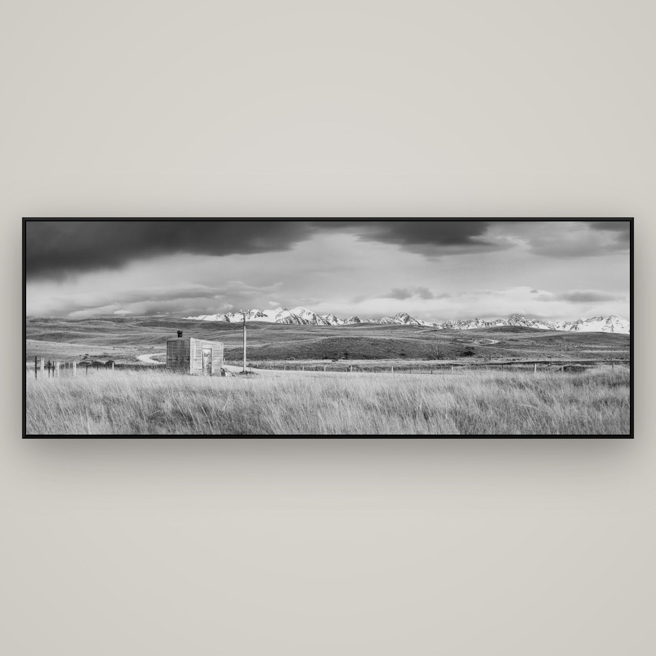 Mountain Retreat, Lake Tekapo — ArtBox Black, 198×70 cm. New Zealand fine art wall art by Stephen Milner.