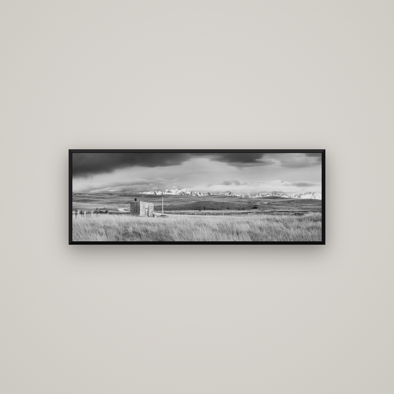 Mountain Retreat, Lake Tekapo — Basel Black Matte, 113×40 cm. New Zealand fine art wall art by Stephen Milner.