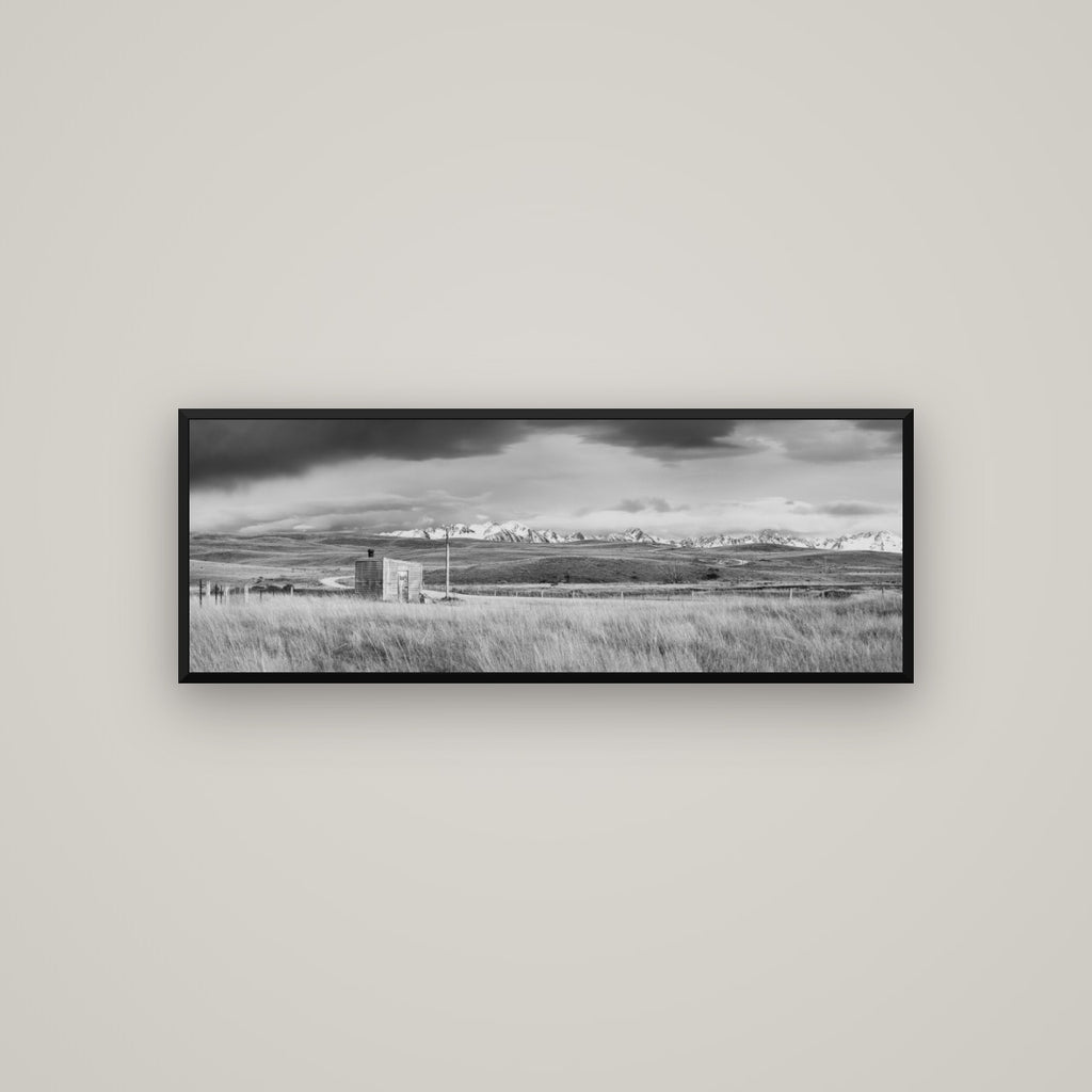 Mountain Retreat, Lake Tekapo — Basel Black Matte, 113×40 cm. New Zealand fine art wall art by Stephen Milner.