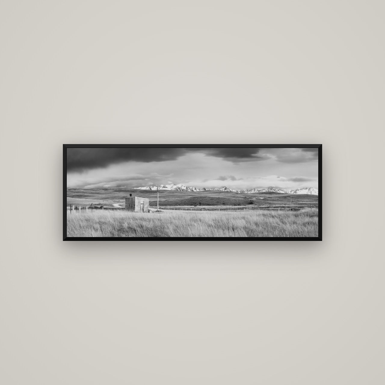 Mountain Retreat, Lake Tekapo — Basel Black, 113×40 cm. New Zealand fine art wall art by Stephen Milner.