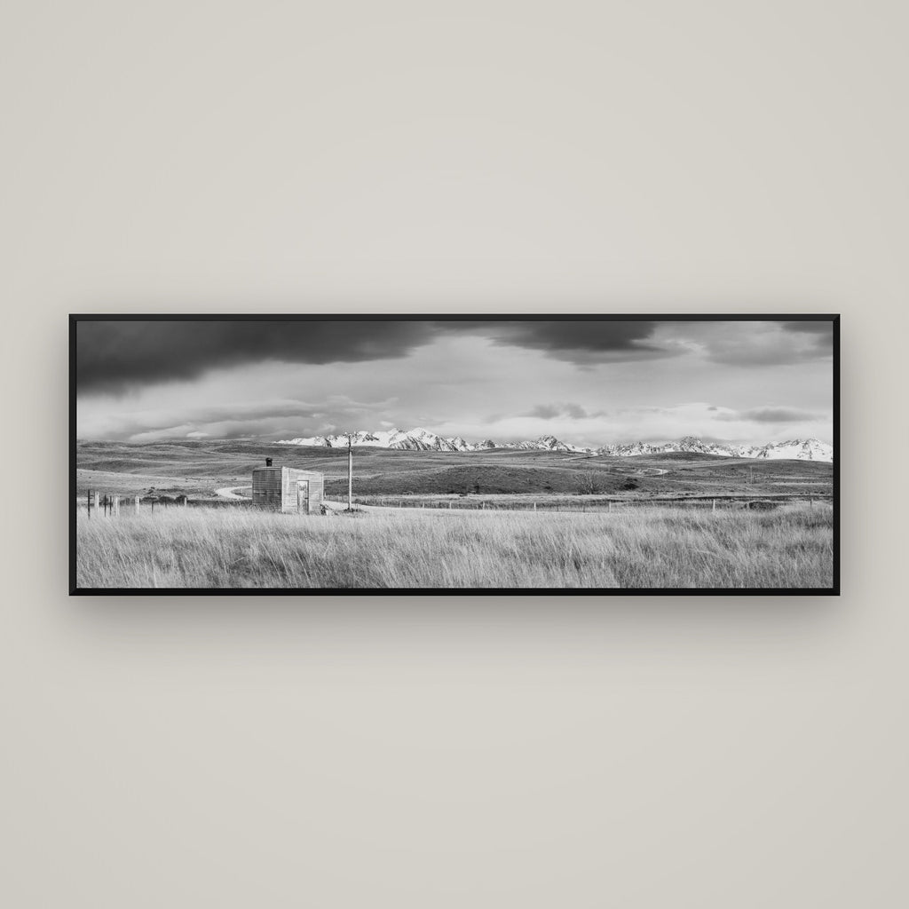 Mountain Retreat, Lake Tekapo — Basel Black Matte, 170×60 cm. New Zealand fine art wall art by Stephen Milner.