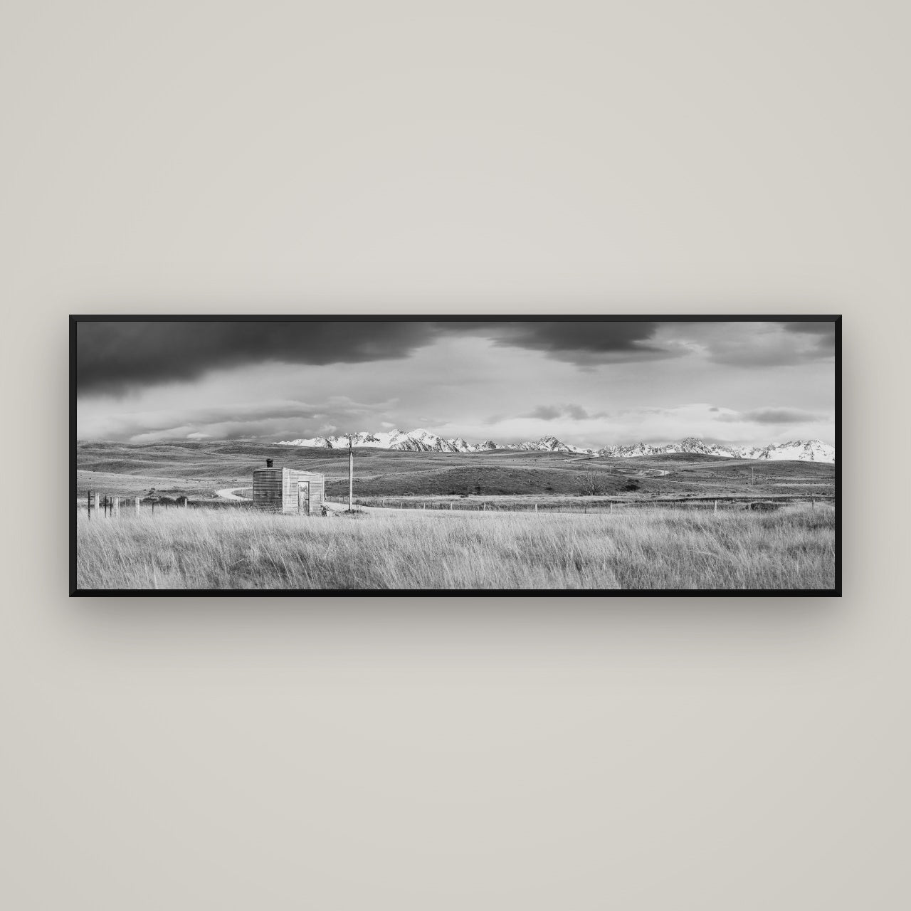 Mountain Retreat, Lake Tekapo — Basel Black, 170×60 cm. New Zealand fine art wall art by Stephen Milner.