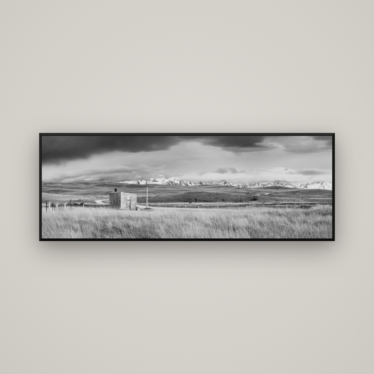 Mountain Retreat, Lake Tekapo — Basel Black Matte, 170×60 cm. New Zealand fine art wall art by Stephen Milner.