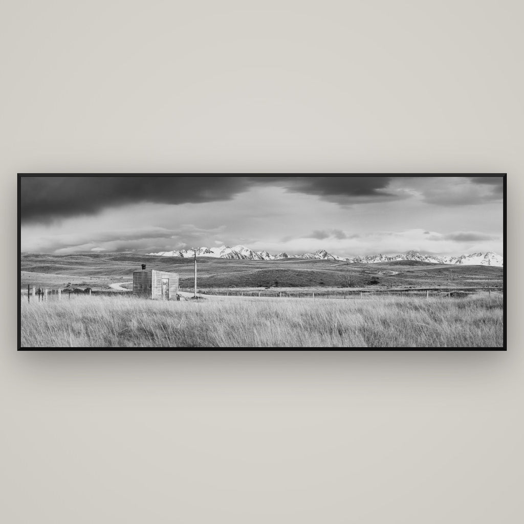 Mountain Retreat, Lake Tekapo — Basel Black Matte, 198×70 cm. New Zealand fine art wall art by Stephen Milner.