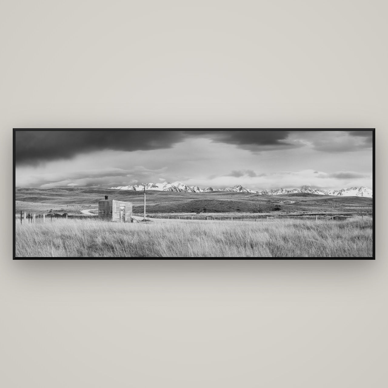 Mountain Retreat, Lake Tekapo — Basel Black, 198×70 cm. New Zealand fine art wall art by Stephen Milner.