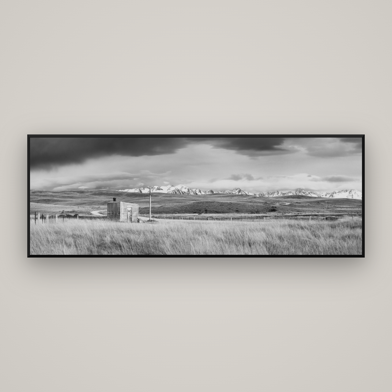 Mountain Retreat, Lake Tekapo — Basel Black Matte, 198×70 cm. New Zealand fine art wall art by Stephen Milner.