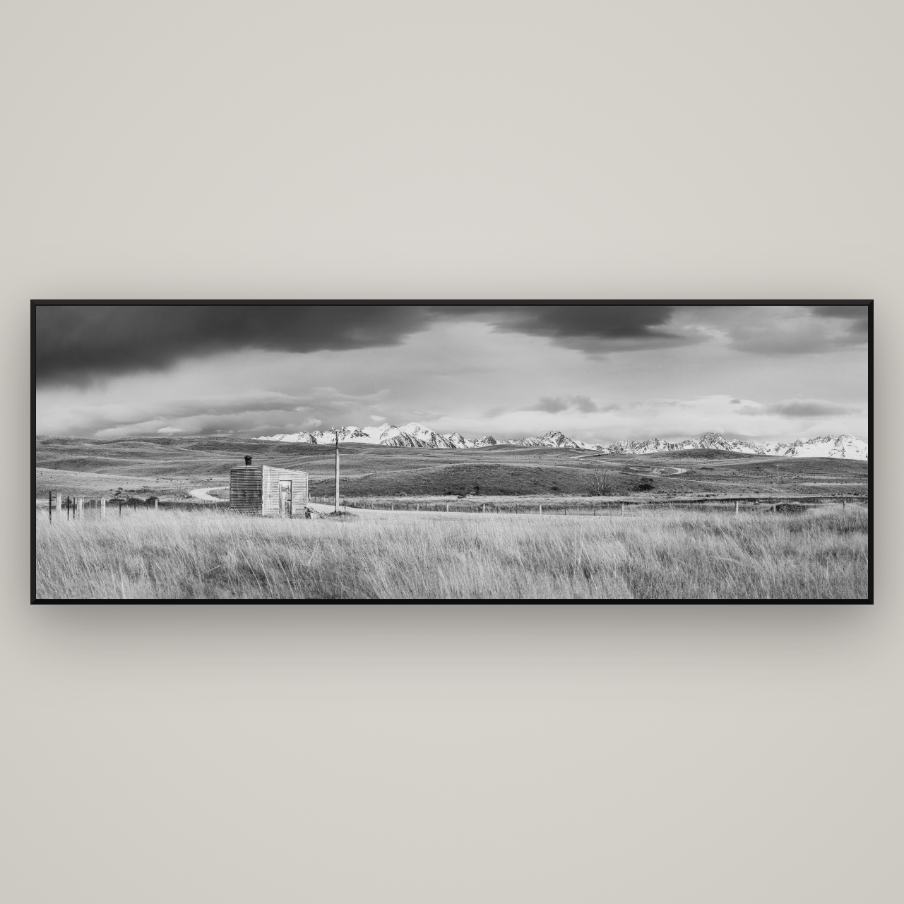 Mountain Retreat, Lake Tekapo — Basel Black Matte, 227×80 cm. New Zealand fine art wall art by Stephen Milner.