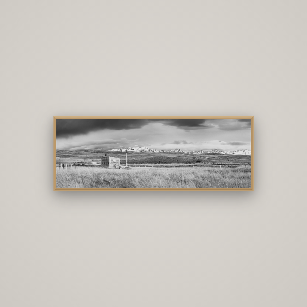 Mountain Retreat, Lake Tekapo, Basel Natural Oak, 113×40 cm. New Zealand fine art wall art by Stephen Milner.